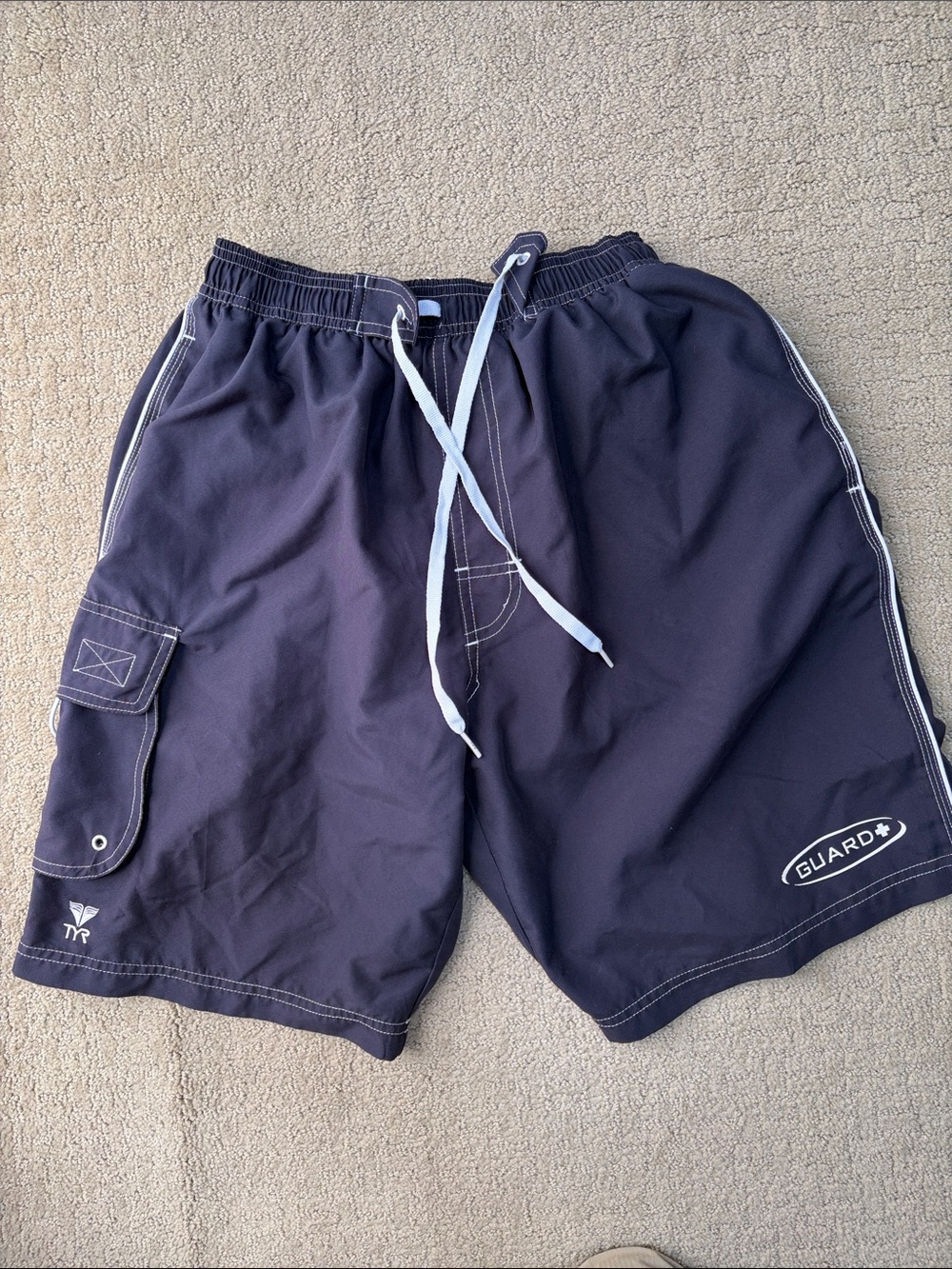 TYR Navy Blue white Lifeguard Swim Shorts trunks men S cargo